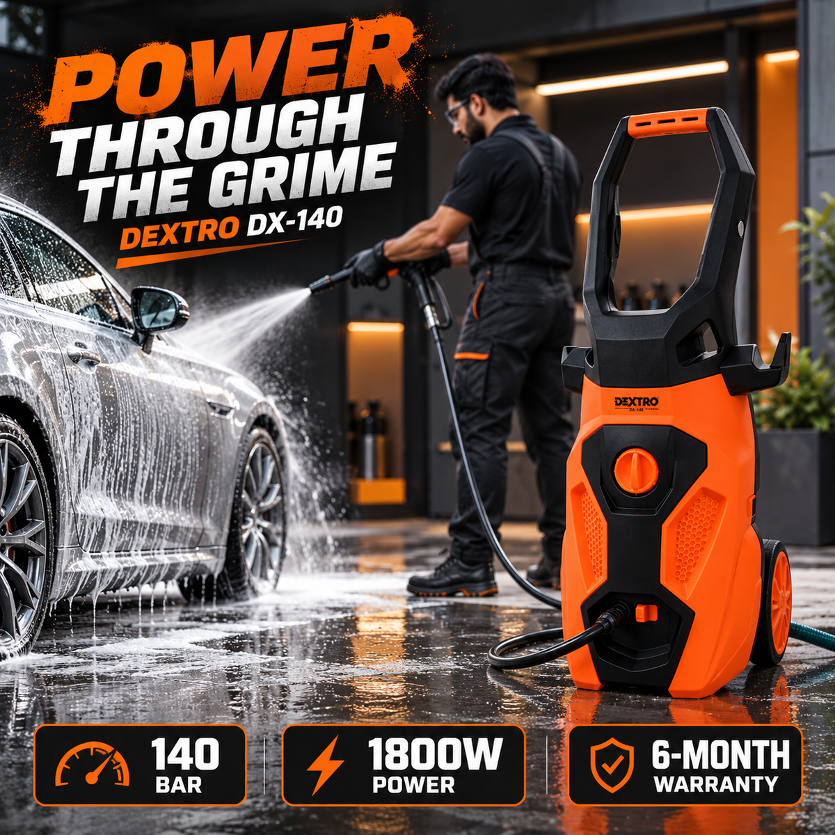 Dextro DX-140 Turbo Pressure Washer 140 Bar 6 Month Warranty (Free Soap Bottle, Sogo Foam & Shampoo Wax & Yellow & Grey Microfiber Cloth 2 in 1)